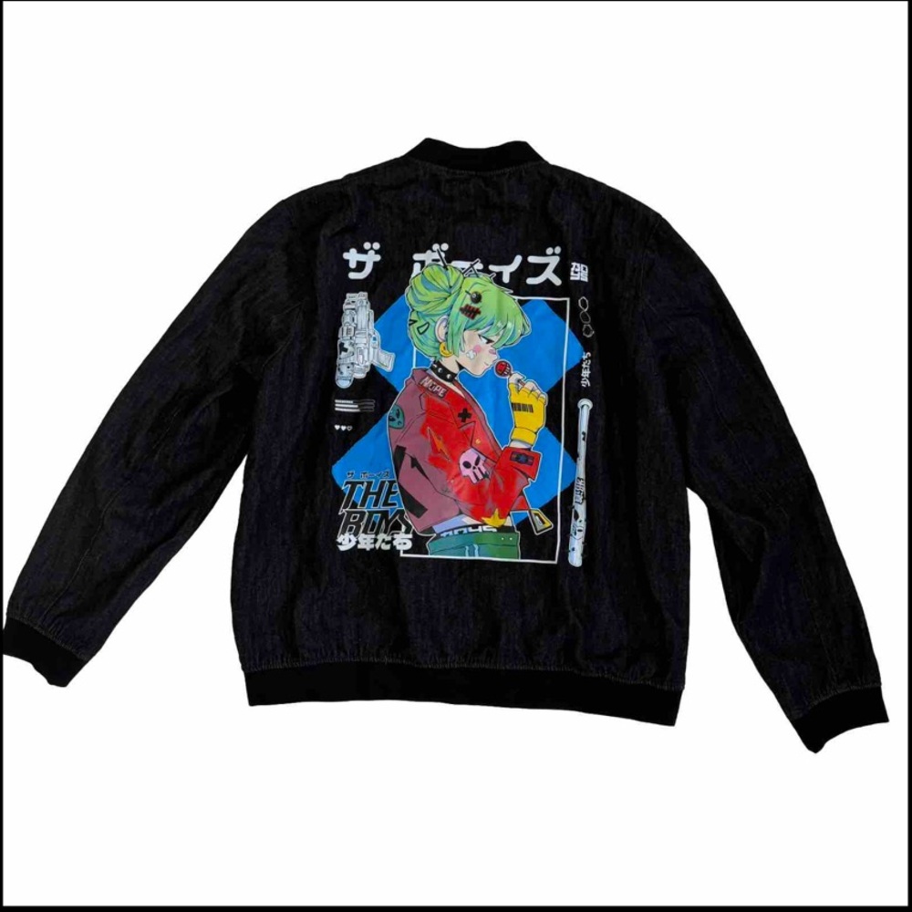 The Boys Sucker Punch Black Denim Bomber Jacket Anime Mercedes Bazan Art XL NWT